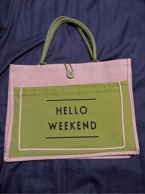 Hello Weekend Tan & Green Canvas Tote